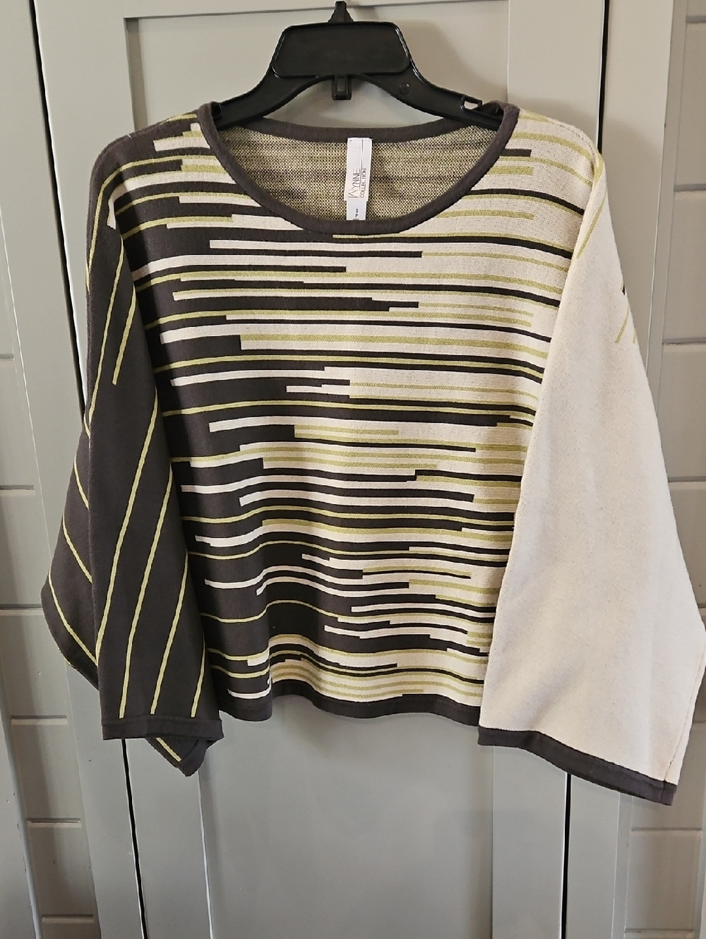Striped Boxy Knit Sweatshirt - Lime & Dark Khaki And Cream. Oversized